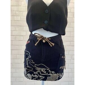 Pepe Jeans Company Black Mini Skirt Size 24 Y2K Studded Embellished Camo Rare